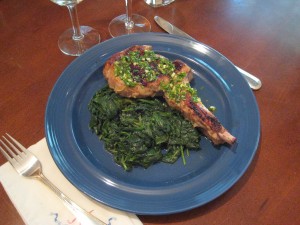 Pan-Seared Veal Chop with Gremolata, on a Bed of Lemon Spinach