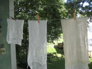 Rinsed cheesecloth hanging out to dry